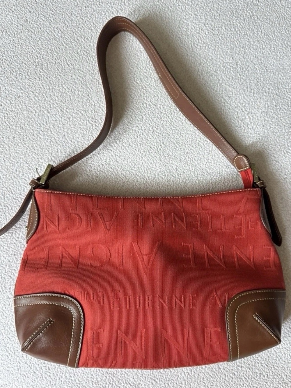 Red Canvas and Brown Leather Shoulder Bag